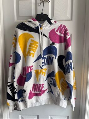 Nike Men’s White Hoodie with Yellow, Blue, Pink and Black Swoosh Print